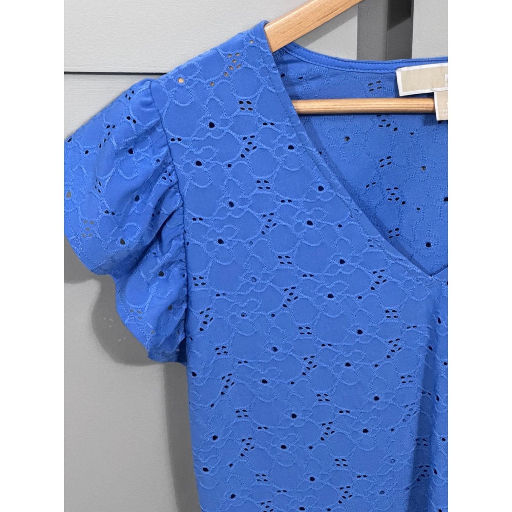 Michael‎ Kors Blue Eyelet Ruffle Sleeve V-Neck Blouse Top Small - Picture 3 of 6
